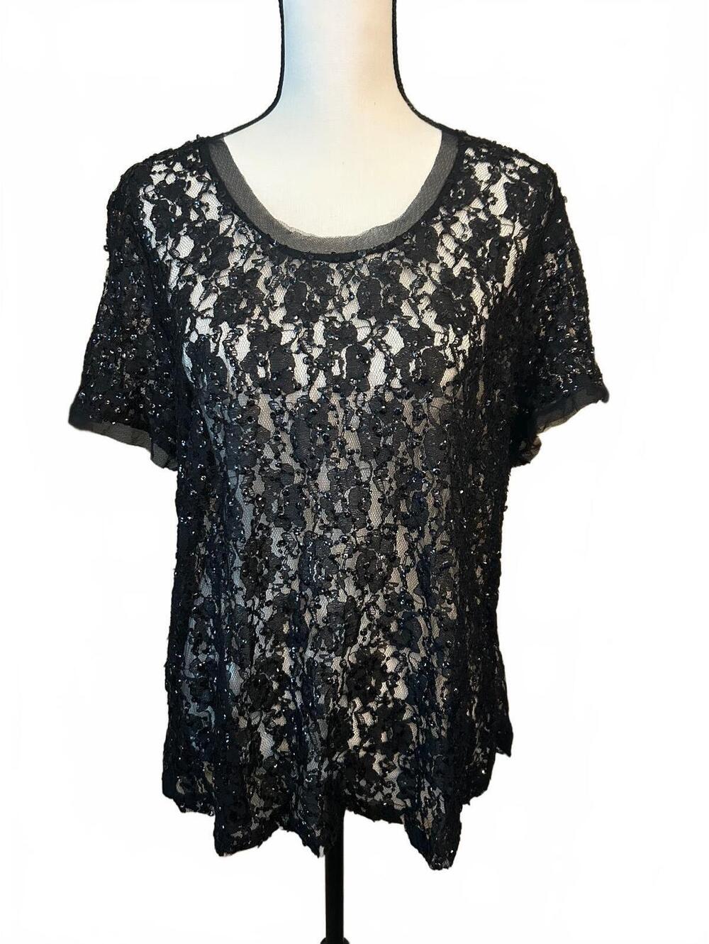 Chico's Black Lace Sequin Short Sleeve Top Size 3